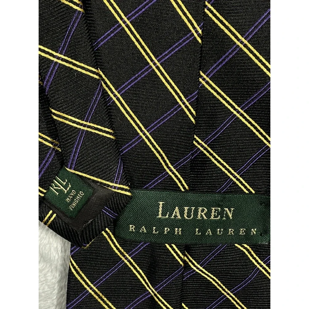 Lauren Ralph Lauren Mens Silk Tie Black Gold Purple Plaid Hand Finished USA Made